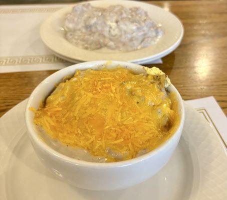 Two egg breakfast bowl and sausage gravy and biscuits