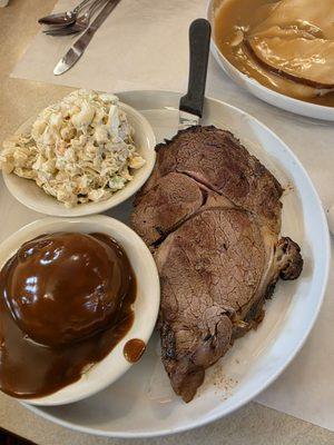Prime Rib Queen Cut. Mashes potatoes and Gravy. Mac Salad.