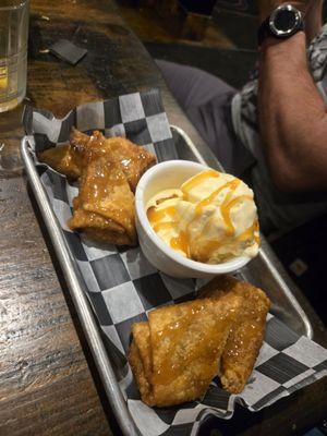 The fried egg rolls with peaches and caramel sauce. Amazing!