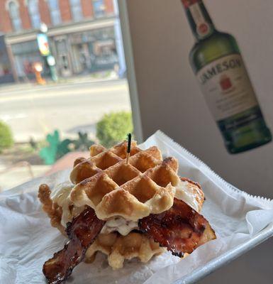 Sandwich of the Week: Fried Chicken and Waffle with peppered bacon and hot honey.