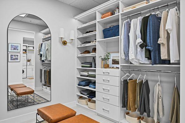 Elevated reach-in closet with LED lighting