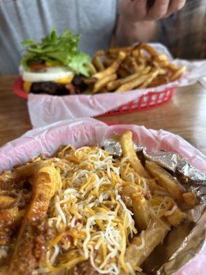 Chili cheese fries and a good ole fashioned American cheeseburger!