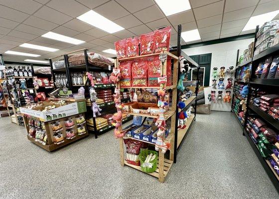 Dog foods, treats, beds, toys, etc.