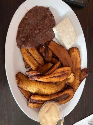 plantains, beans, cheese, sour cream