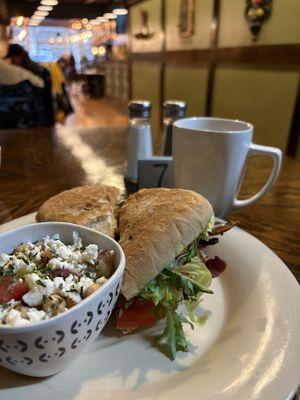 Chicken bacon on ciabatta with chickpea salad