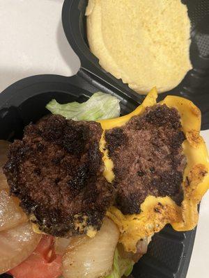 Double burger with cheese the cheese is bigger than the patties bun not the bun not even toasted. Nothing is like they advertised.