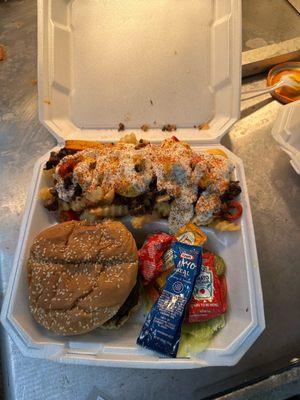 Cheeseburger and loaded fries.