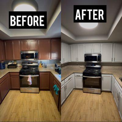 Cabinet Restoration: Complete paint stripping, full repaint to white, and new hinges/handles installed.