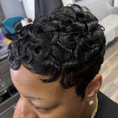 Pixie cut with soft curls and waves