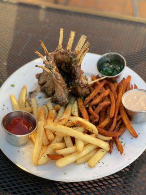 Rack of Lamb, fries, and sweet potato fries