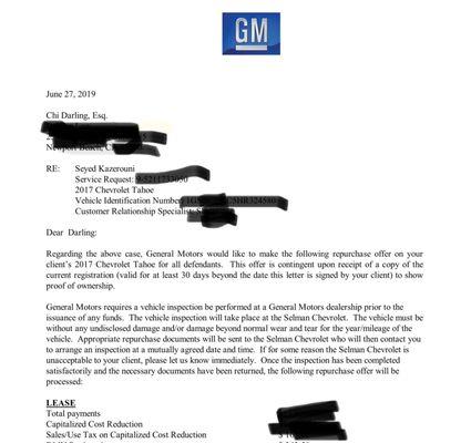 Best letter ever - thanks to the hard work of Johnston and Darling that were able to secure me a buyback offer for my car.