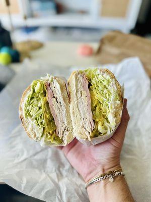 Turkey, ham, lettuce, pickle, and THE BEST SANDWICH BREAD I'VE EVER HAD, CONSISTENTLY!