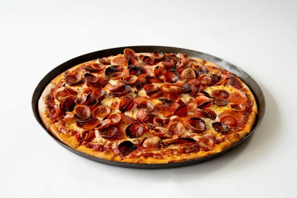 Our thin crust pepperoni pizza--crispy, cheesy, and piled high with zesty pepperoni. A Fresh Brothers classic.