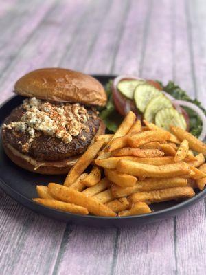 Cajun Black & Bleu - 6 oz burger patty dusted with our homemade Cajun seasoning, topped with Blue cheese crumbles.