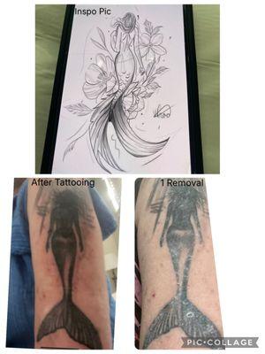 Went to a Tattoo Artist with Inspo picture and this is how the tattoo turned out. Last picture is one session of non-laser tattoo removal.