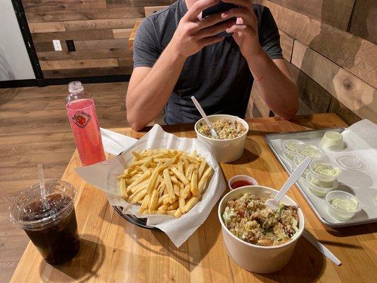 Fried rice chicken bowl with fries