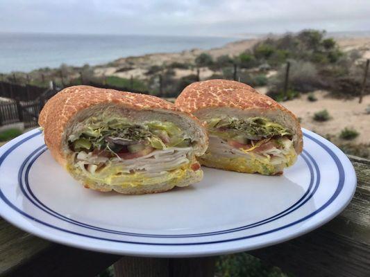 Turkey and Swiss on Dutch Crunch w everything except jalapeños. Soooooo yummy!!