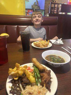 Beef with Broccoli  Crab Rangoon  Spring rolls  Fried rice  Garlic green beans  Chicken skewers