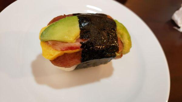 Avocado, bacon, egg, spam musubi