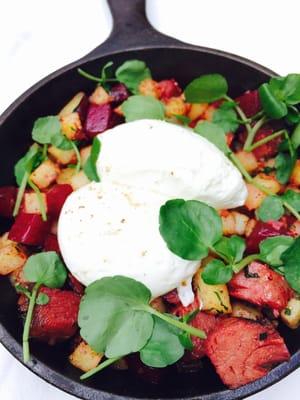 pastrami hash, with beets and two poached eggs