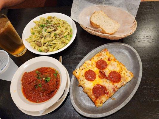 Side order of meatballs comes in a tomato meat sauce that was amazing. The special: shells with peas, ground sausage, and pesto.