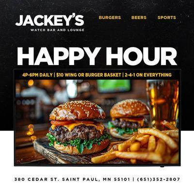 Happy Hour Daily
4-6 pm & 8-10pm
2-4-1's EVERYTHING
$10 BURGER BASKETS
$10 WING BASKETS