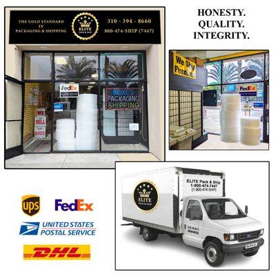 Elite Pack & Ship on Wilshire Blvd. in Santa Monica, Ca. Moving truck, shipping services with UPS, FedEx, USPS, and DHL. Mailboxes for rent.
