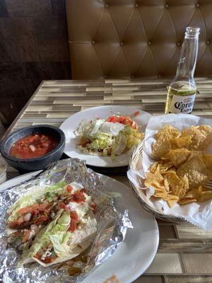 Fish Taco, Chicken Tostada, Chips Salsa, Sour cream pepper sauce, Corona Beer!