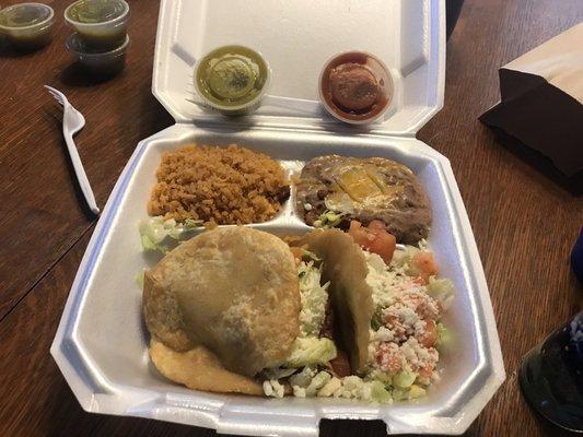 Beef Gorditas rice and bean. So so good.