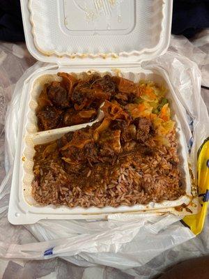 Oxtail , rice and peas with cabbage