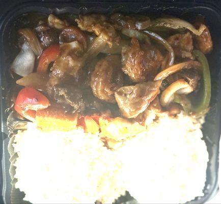 3-protein Hunan-Chicken, Beef, & Shrimp, mixed vegetables, added onion, sautéed in Hunan sauce w/requested white rice.(Fried rice-standard).