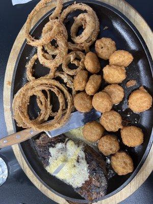 Baseball Sirloin, corn nuggets, and onion rings.