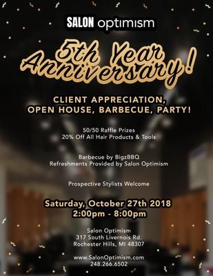 Salon Optimism 5th Anniversary Client Appreciation, Open House, Barbecue, Party! Saturday, Oct 27 2018 2:00-8:00