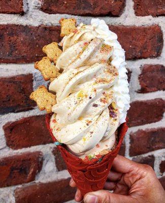Banana dream pie on a red velvet cone.