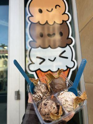 4 scoops: Cabernet brownie, love potion #9 (bottom right), Saltine Dream & Midnight Oolong (top right)