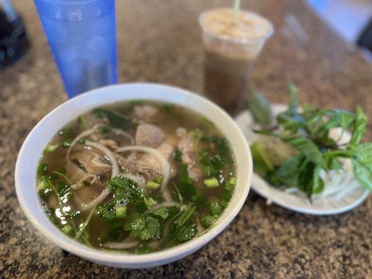 Vietnamese coffee strong and bold. Pho dac biet - Flank steak, tripe, tendon, brisket.