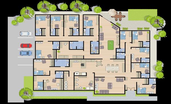 Thoughtfully designed floor plan featuring private rooms, shared living spaces, and easy navigation to support comfort, safety, and daily ro