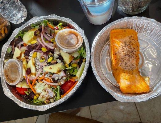 Signature Salad w/ Salmon. Requested medium-rare; it was dryer than I like. Menu def did not say there were onions on salad!