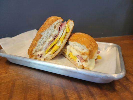 BEST full size gluten free roll breakfast sandwich with the addition of ham