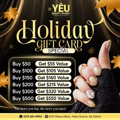 HOLIDAY MAGIC IS HERE AT YÊU BEAUTY STUDIO!
Give the gift of beauty this season -- and get a little extra for yourself, too!