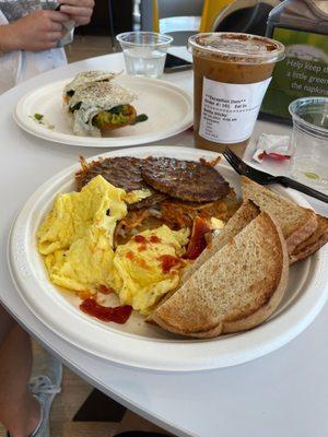 Aggie breakfast on bottom, avocado toast on top