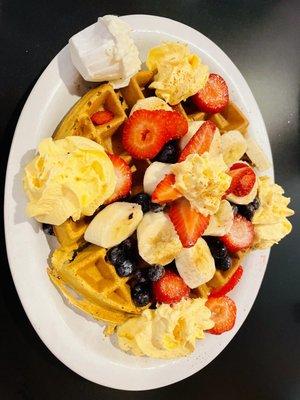 Pumpkin Waffle with fresh fruit & cinnamon whipped cream