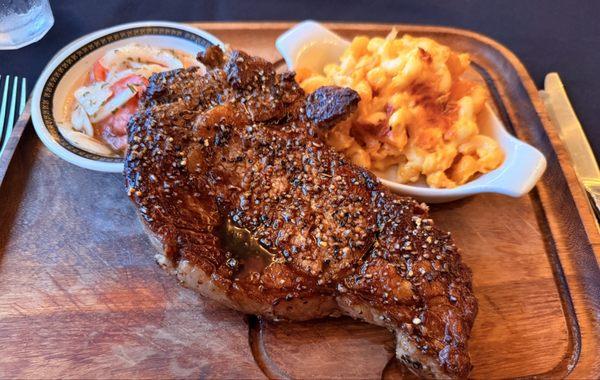 Ribeye, mac & cheese, and cucumber tomato salad