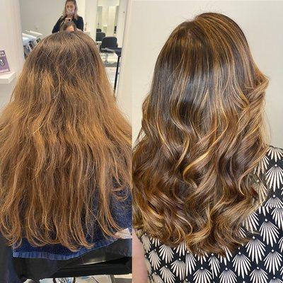 Balayage and teasy-light combo with grey coverage lowlight  and color-melted gloss