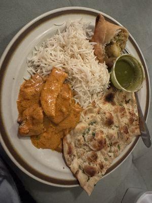 Garlic Naan, Veggie Samosa(2) Butter chicken