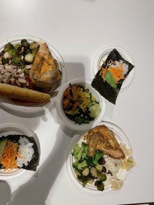 Veggie sushi, garlic bread, salad