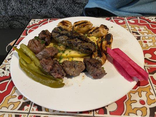 Shish Combo.. chicken, beef, and ground beef. Grilled veggies
