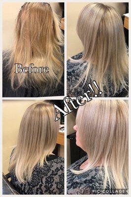 Teasy-Light tequnique done to brighten up her blonde all over!! We added a slight shadow root to help get more longevity out of the color!