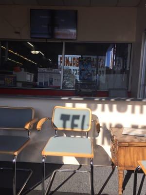 Sitting in the waiting room.....relaxing ....tv...seats.