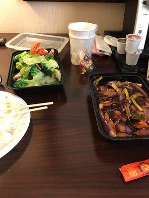 Take out, seafood delight and eggplant